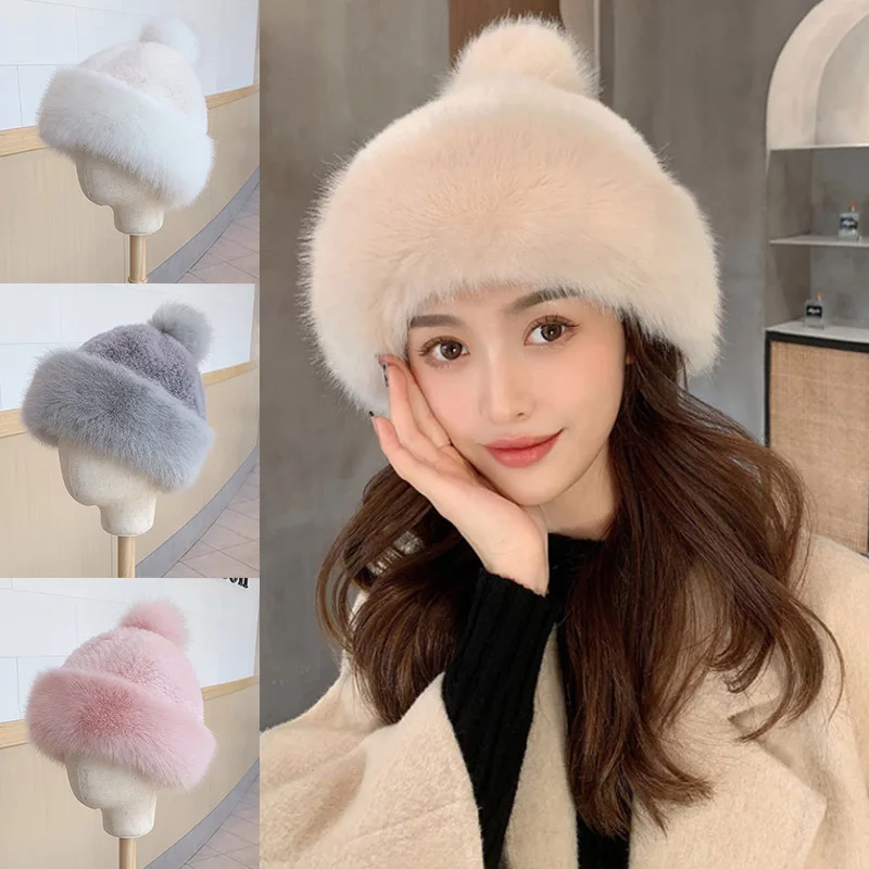 

Fox Fur Dome Hat Imitation Fur Baotou Hat Cute Winter Thickened White Ear Protection Cap Princess Ball Cap