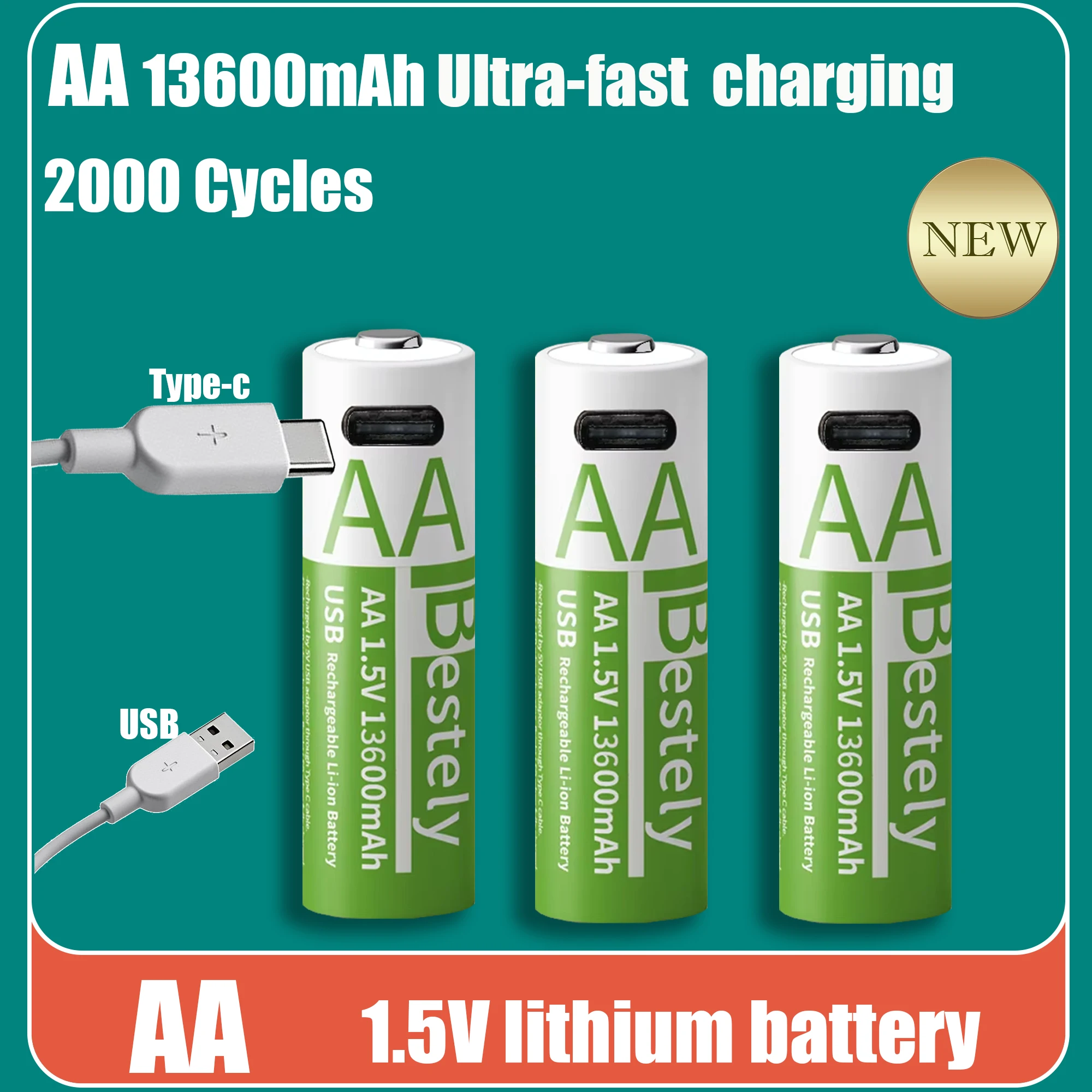 Фото Перезаряжаемая батарея AA 13600 мАч, USB 1,5 В, литиевая ручка с блокировкой отпечатков пальцев большой емкости для мыши, может быть быстрая зарядка №2