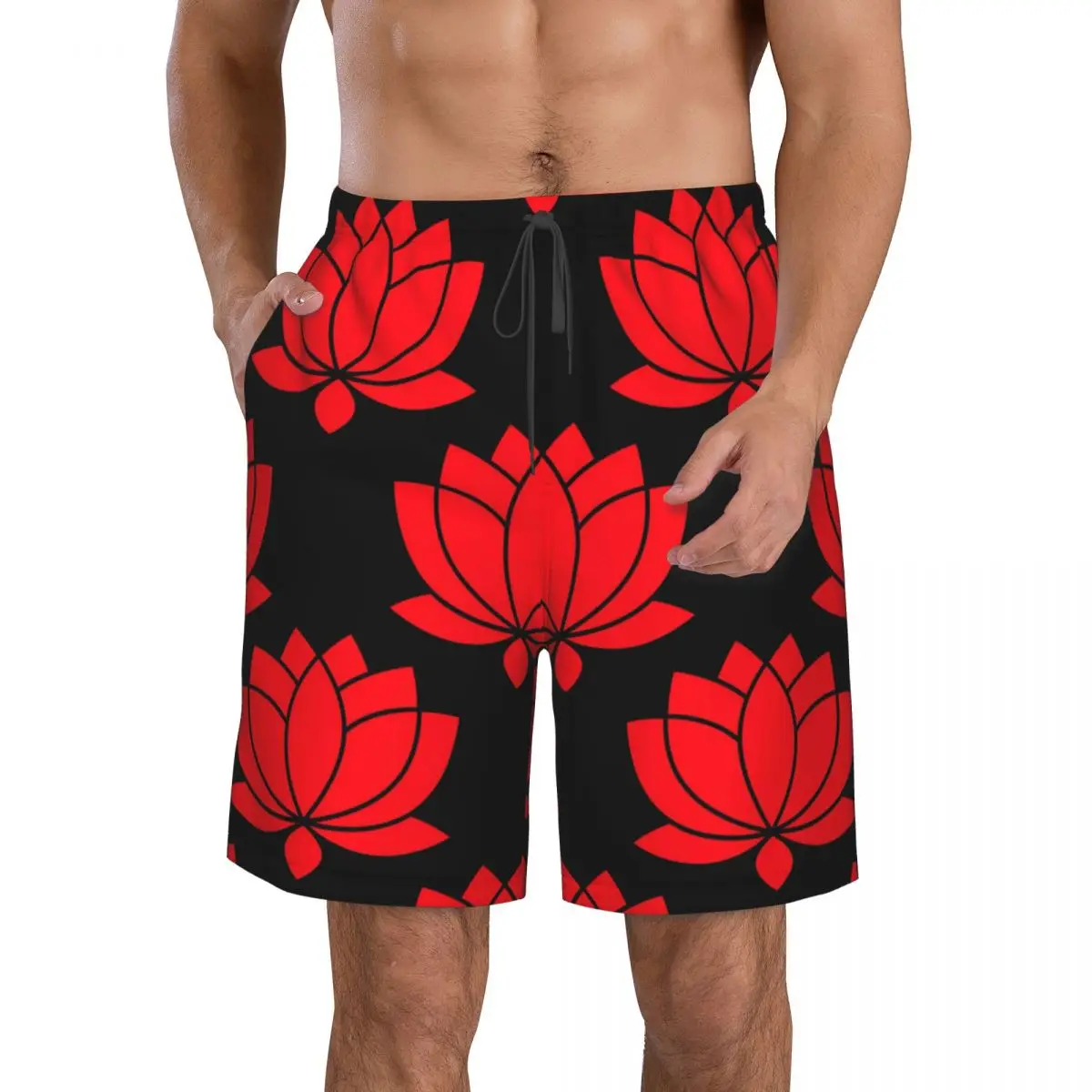 

Men's Beach Swim Shorts Surfing Maillot De Bain Red Botanical Lotus Flower Sport Men's Board Shorts Quick Dry Swimwear