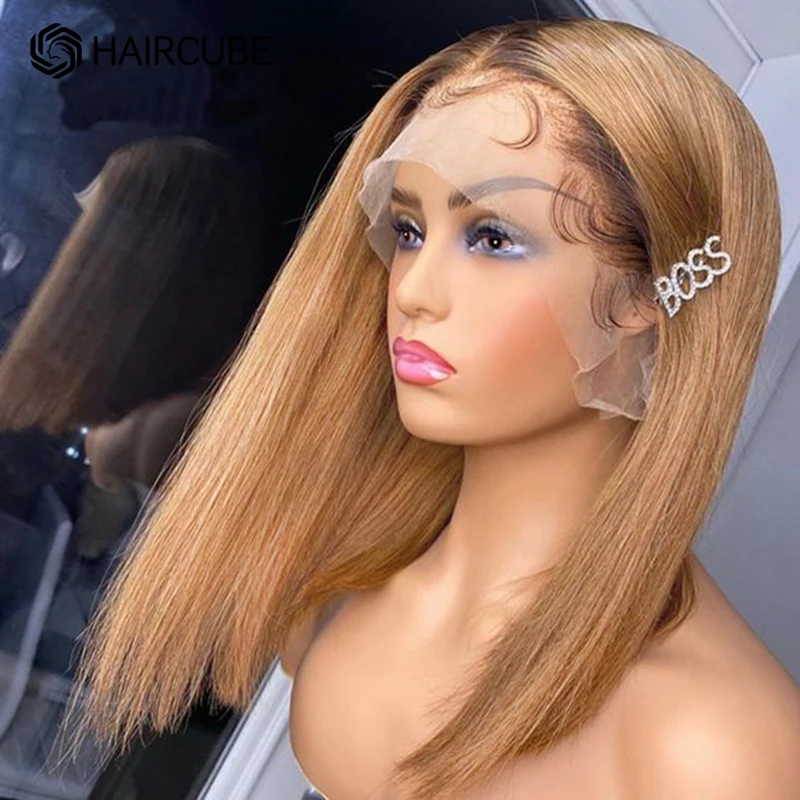 

Парик HAIRCUBE медовая блондинка, парики из человеческих волос на сетке, фронтальные парики, 14 дюймов, прямые волосы боб Реми, 13*1, парики на сетке...