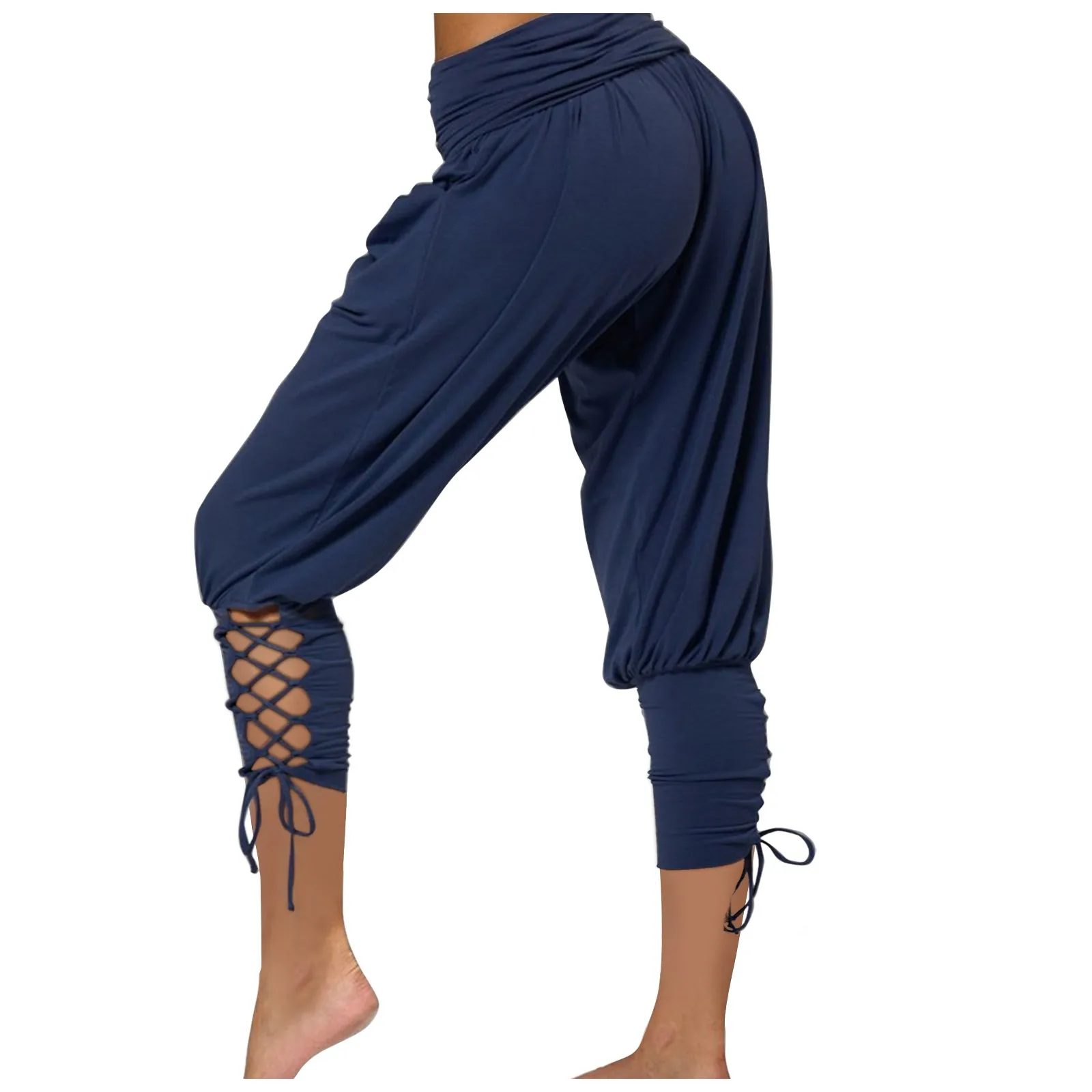 

Women's Summer Solid Color High Waist Pocket Tie Leg Strap Harlem Casual Calf Pants Women Fashion Tide Spring Autumn 2023