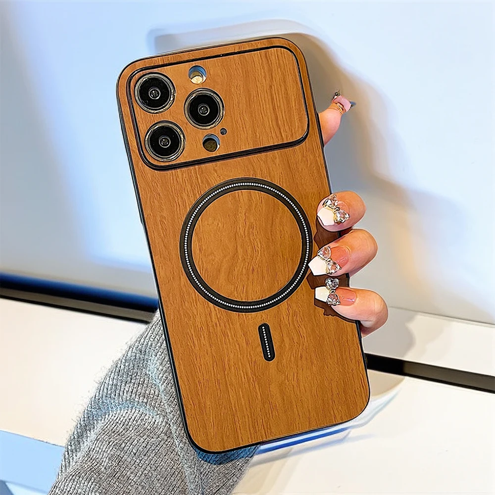 

Luxury Wood Grain Magnetic For Magsafe Wireless Charge Phone Case For iPhone 14 13 12 Pro Max Shockproof Lens Leather Cover