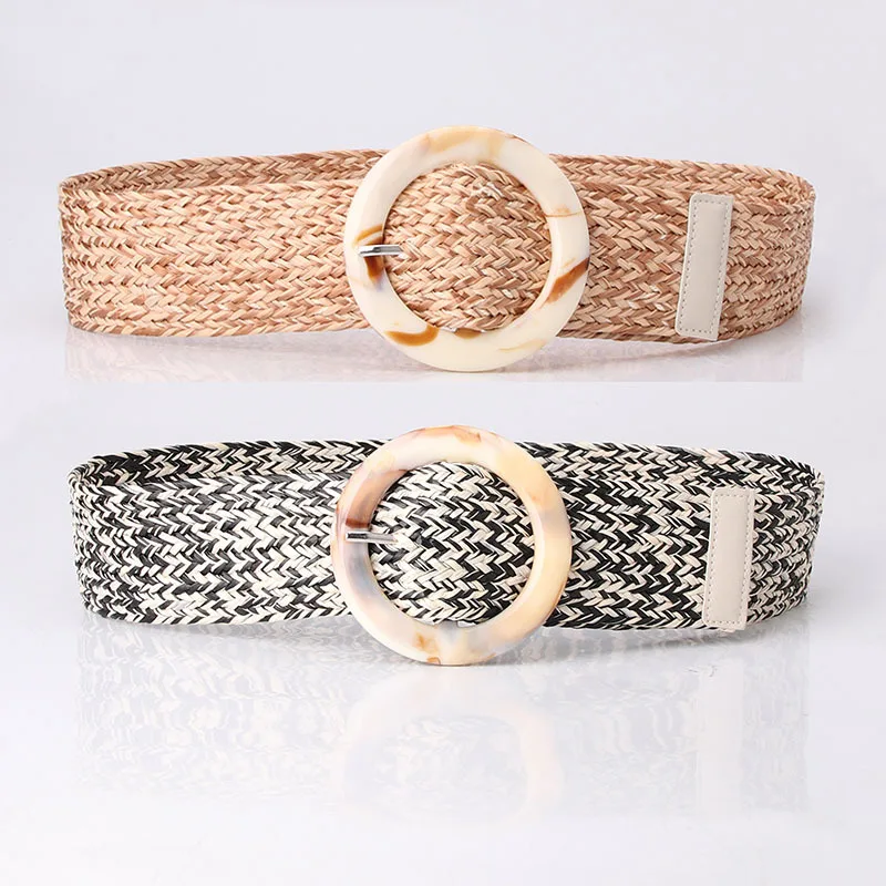 

New Bohemia Knitted Round Buckle Belt Women Fashion Pin Buckle Wide Belts Female Jeans Dress Waistband Brand Design 2022