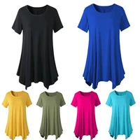 large size womens summer mid length short sleeved t shirt loose round neck solid color bottoming shirt