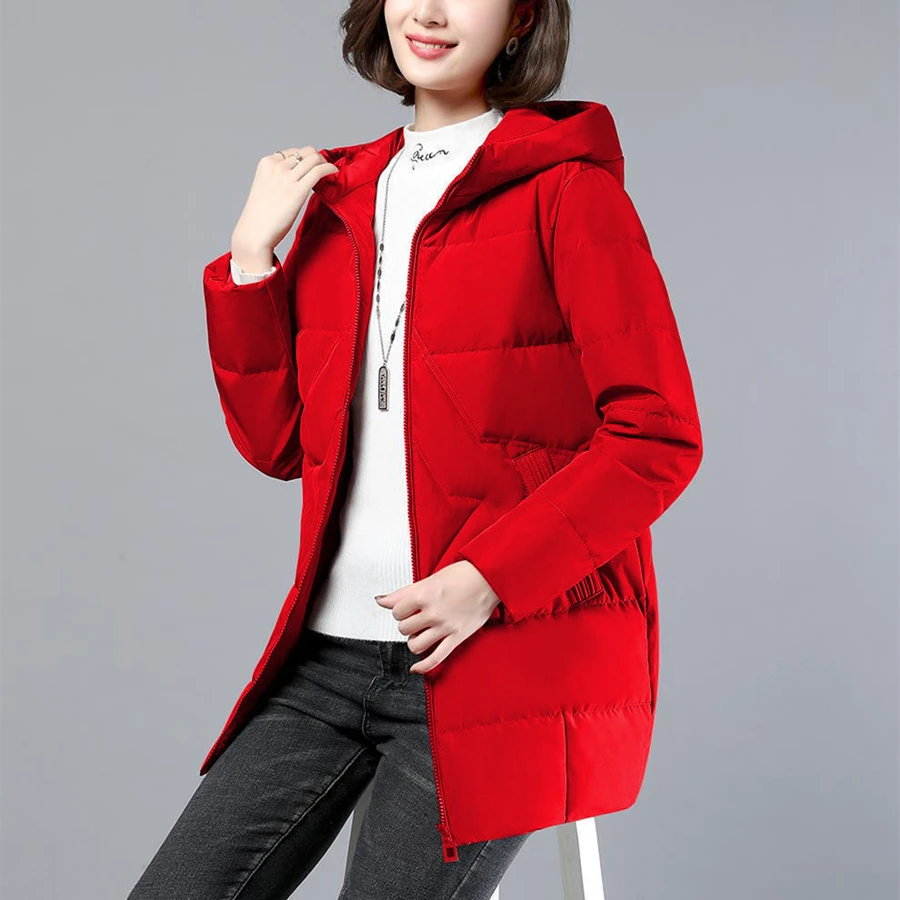 Mid-length Winter Cotton Padded Hooded Thick Coat Warm Oversized 4XL Women Overcoat Casual Parkas Loose Outwear Top Red Jackets