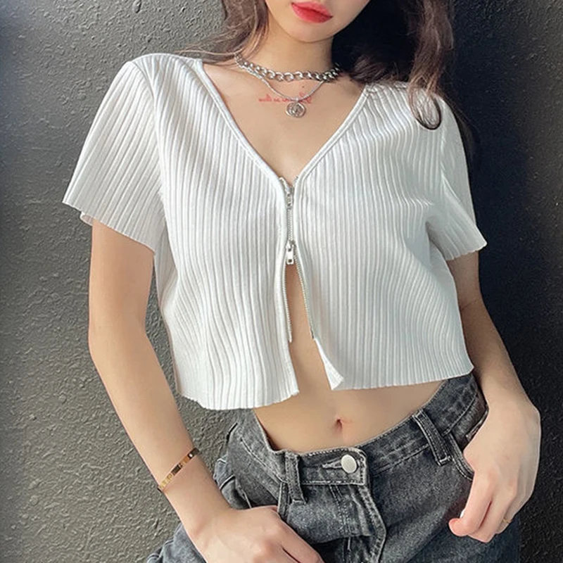 

Fashion Solid Knit Double Zip Ladies T-Shirt Sexy Y2K Solid Short Sleeve Women's Top Loose Casual Cardigan Short Tops Summer New
