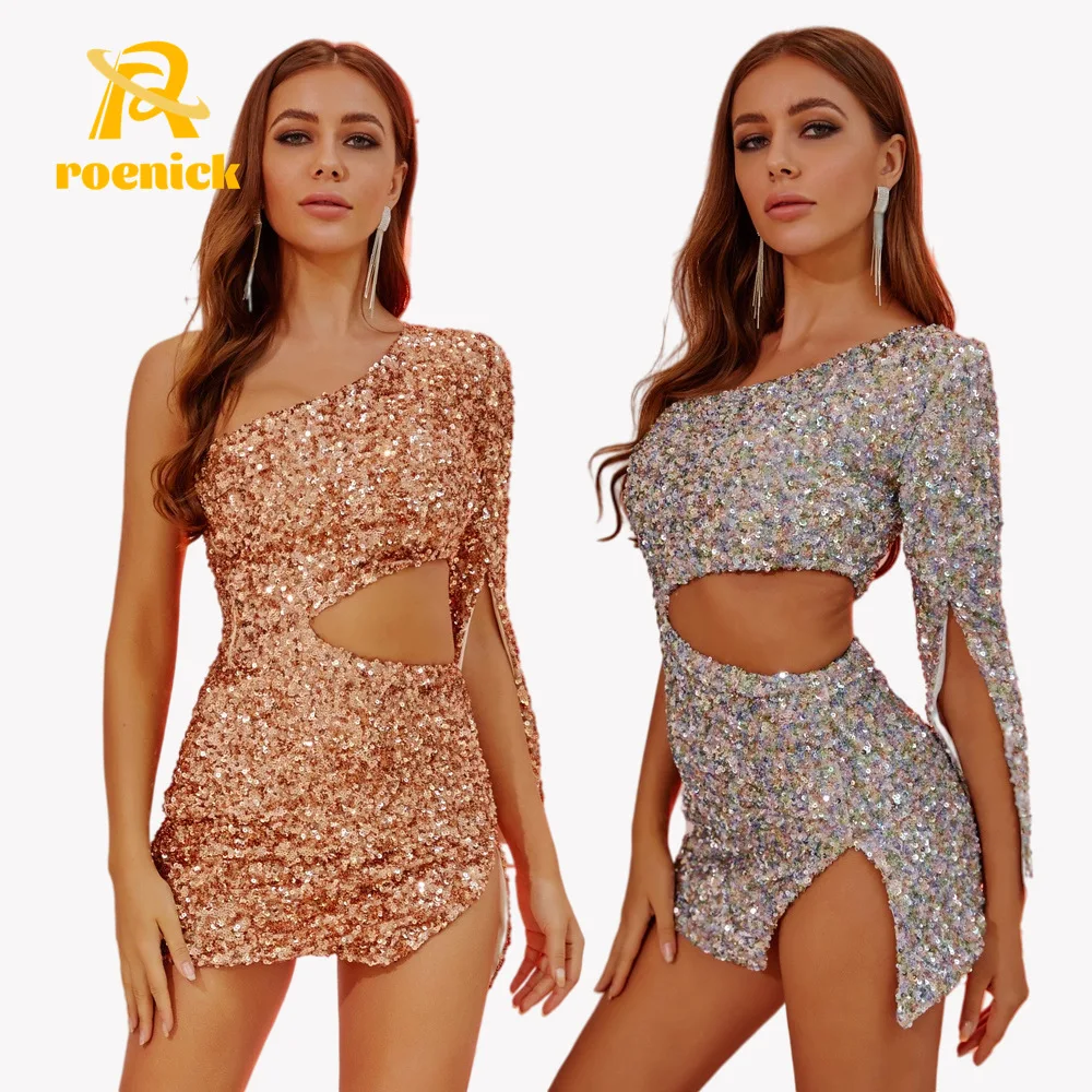 

ROENICK Women Evening Sexy Sequins Mini Dress Lady Party Asymmetric One-Shoulder Split Sheath Vestidos Prom Waist Bodycorn Gowns