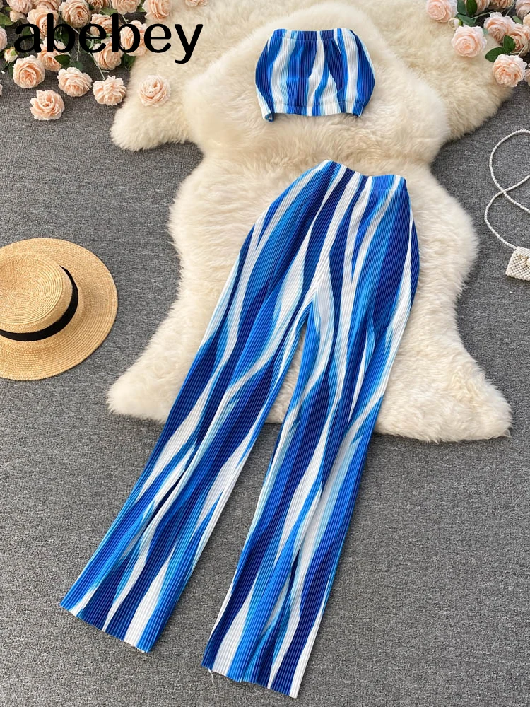 

Женский костюм из двух предметов, короткий Топ без бретелек с открытыми плечами и длинные градиентные брюки с высокой талией, комплект в Кор...