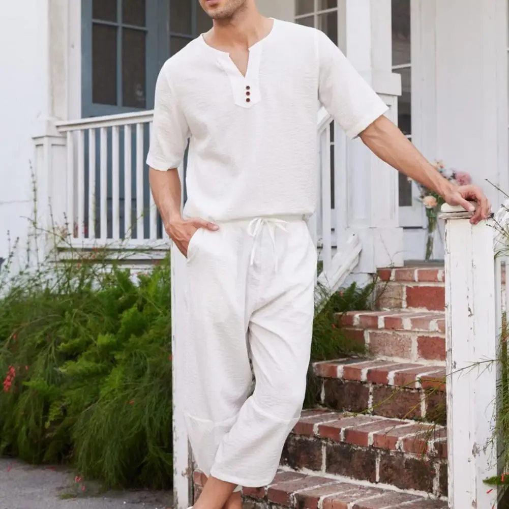 

Костюм пляжный мужской однотонный, топ с коротким рукавом и брюки до середины икры, комплект из двух предметов, 2 шт./компл.