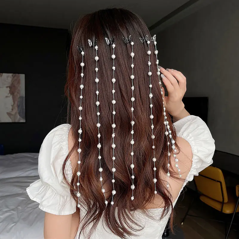

New Korea Braided Imitation Pearl Long Tassels Hairpin Clips New Metal Chain Butterfly Hair Jewelry Accessories Gifts