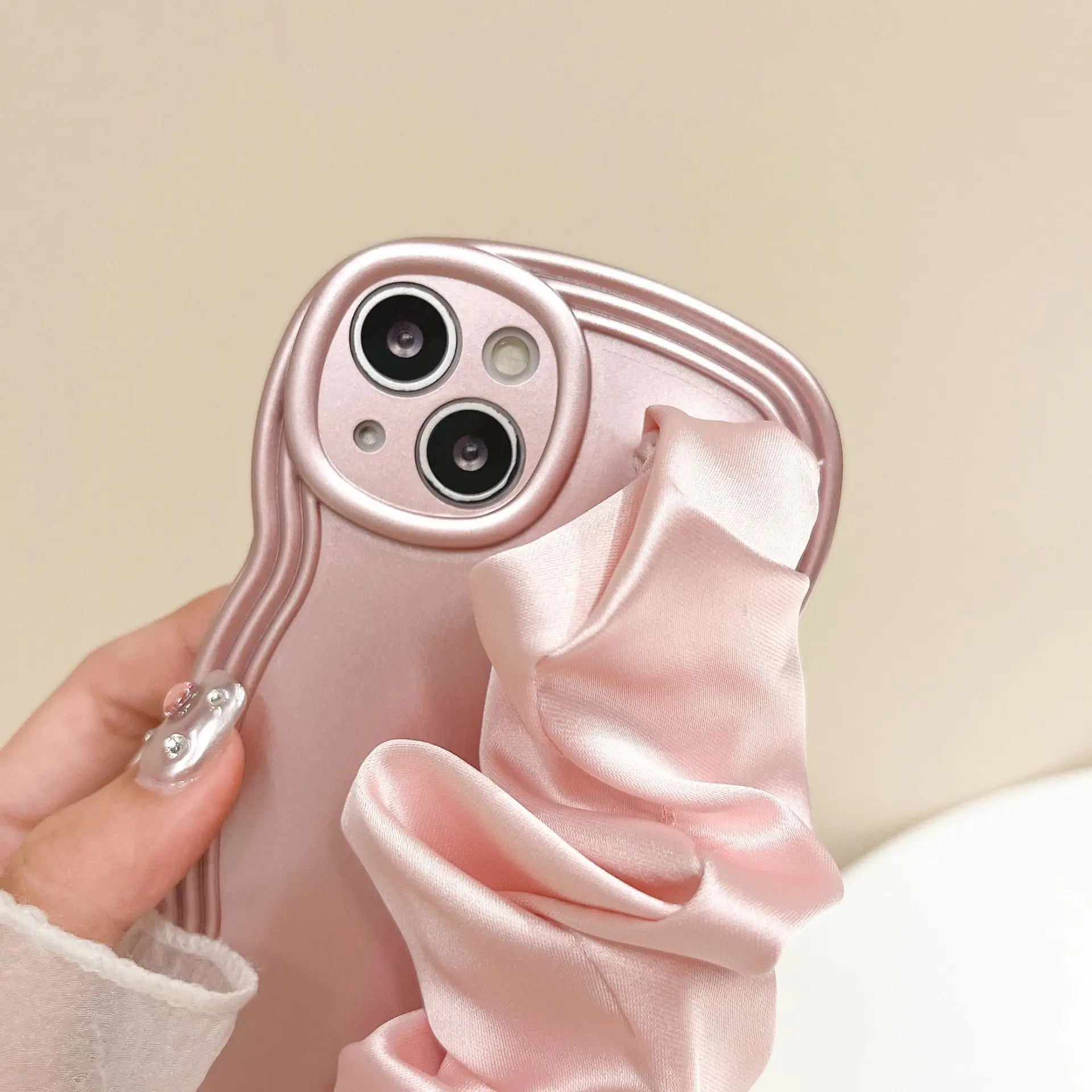 Розовый Шелковый чехол для телефона с шарфом девушек iPhone 15 15Pro 14 13 12 11 Pro x xs Max xr