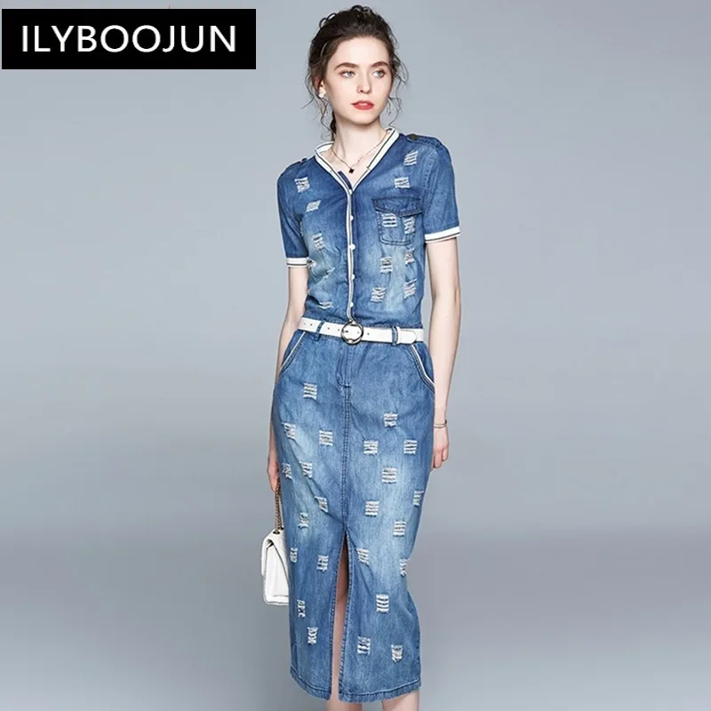 

Women Summer Elegant Denim Pencil Dress Festa High Quality Long Office Party Robe Femme V-neck Designer Casual Vestidos