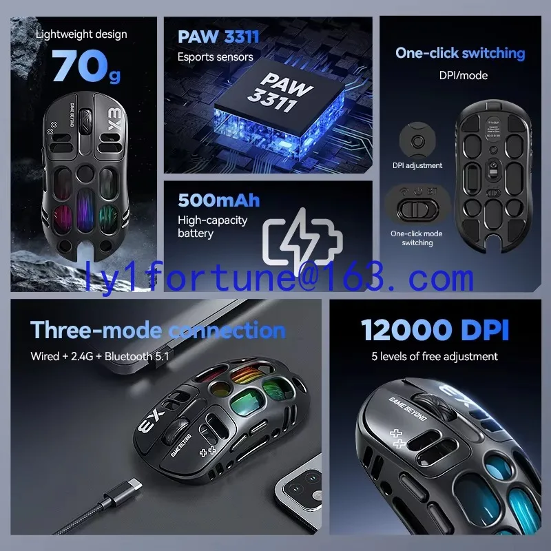Фото Беспроводная игровая мышь X3, третья модель, легкая, 12000 dpi, Bluetooth, с перфорацией, RGB, с подсветкой №3