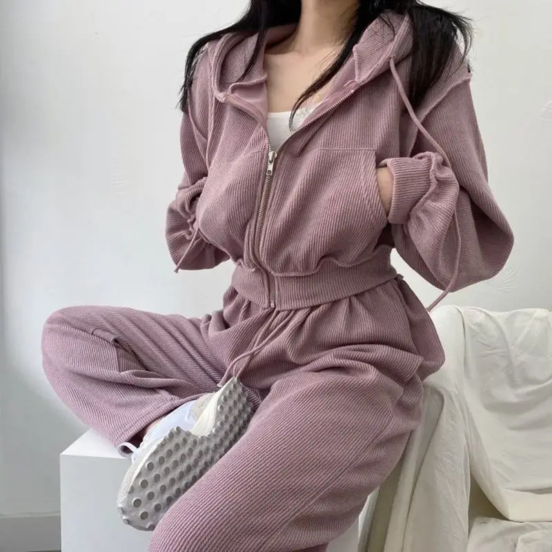 

Women's 2021 Fall/Winter New Candy Color Hooded Sweater Jacket + High Waist Mopping Casual Pants Sports Suit Women