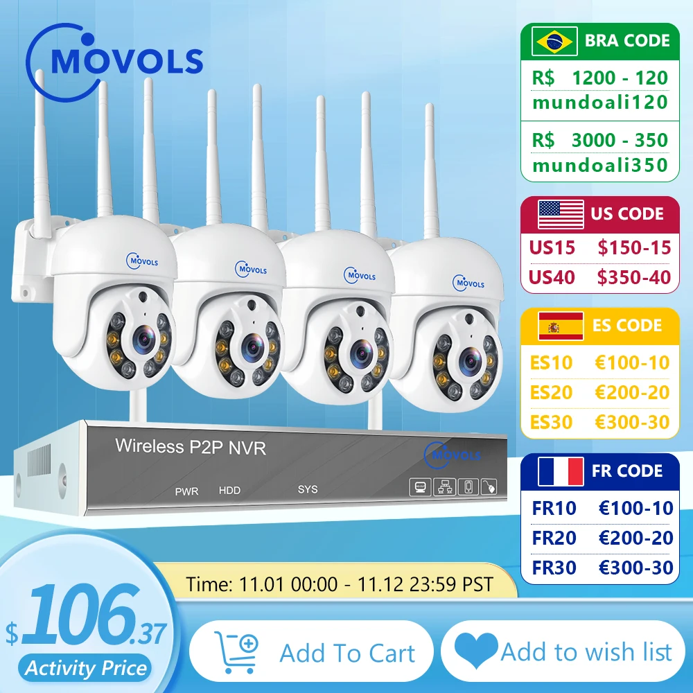 

Movols H.265 3MP HD Wireless CCTV System Two Way Audio Waterproof PTZ WIFI IP Security Camera 8CH P2P NVR Video Surveillance Kit