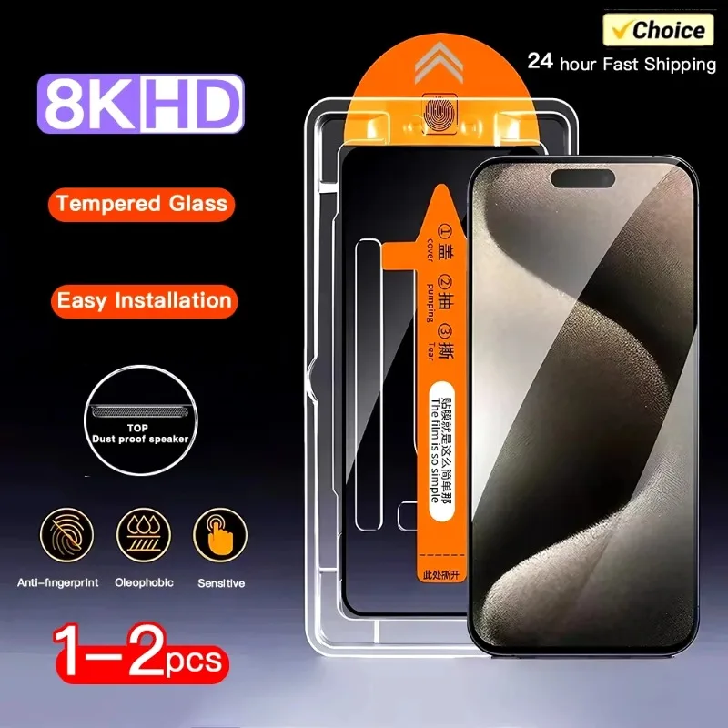2pcs 8K Oleophobic Coating Dust Free Screen Protector For iPhone 16 15 14 13 Pro Max Plus Anti Spy Tempered Glass