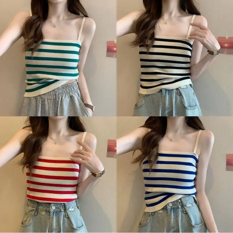 

Female Elastic Korean Fashion Crop Top Women Clothes Dropshipping French Chic Striped Camisole Woman Sleeveless Almighty Camis