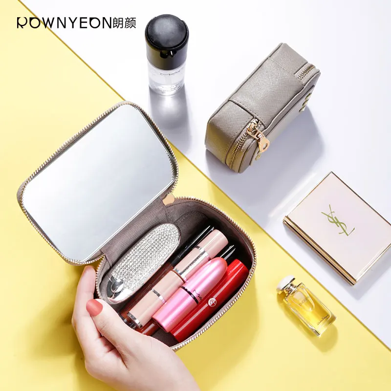 

Rownyeon Custom Mini Top Quality Leather Zipper Cosmetic Case with Mirror Lipstick Case Makeup Bag