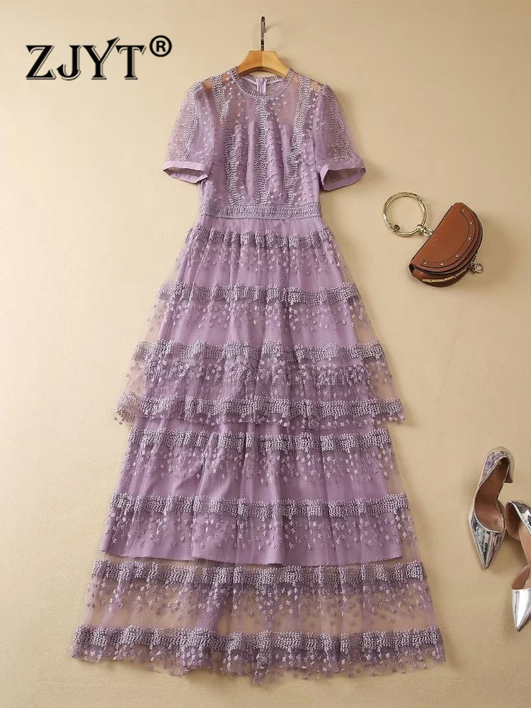 ZJYT Purple Embroidery Mesh Long Dresses for Women 2023 Summer Runway Ruffles Cake Party Vestidos De Fiesta Elegant Maxi Robes