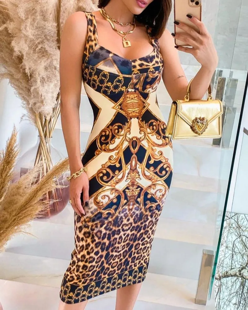 

S-XL Summer Woman Sexy Fashion Sleeveless Cheetah Scarf Print Colorblock Midi Dress Yellow Leopard Tank Tight Party Dress Club