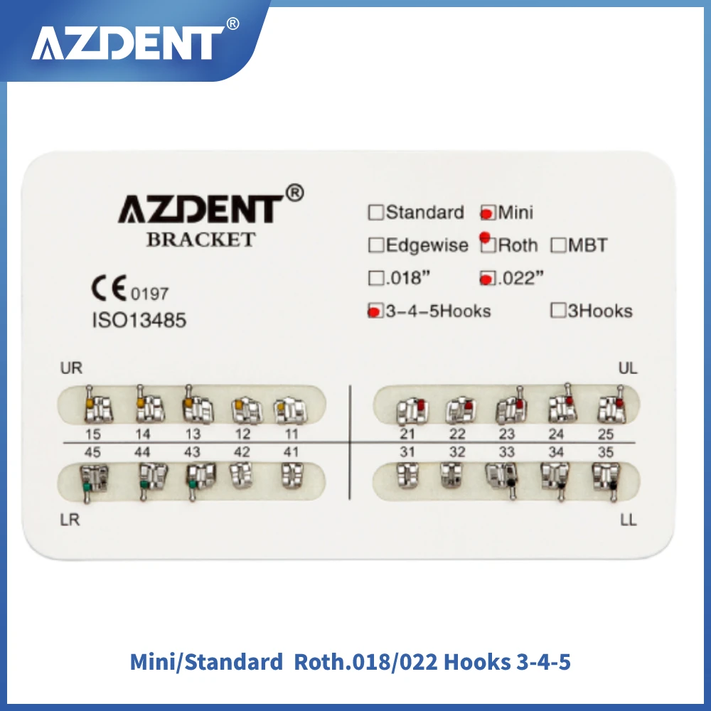 

AZDENT 20pcs/Pack Dental Orthodontic Brackets Braces Mini/Standard MBT/Edgewise/Roth Bracket 018/022 Hooks 345/3 Dental Material