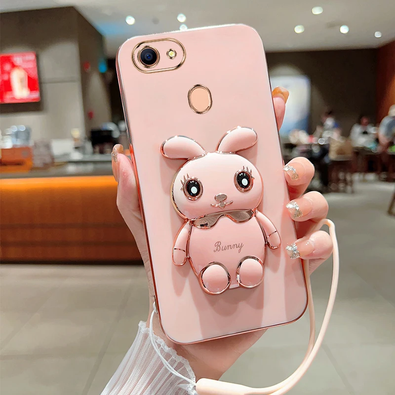 

Cute Cartoon Rabbit Fold Stand For OPPO F5 Phone Case With Lanyard Luxury Plating Cover