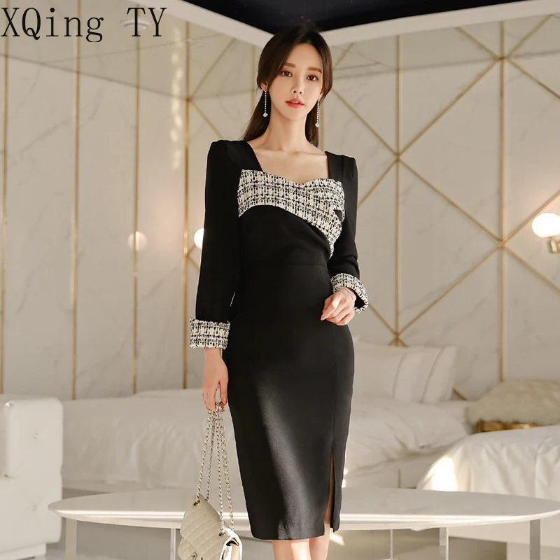 

Универсальное офисное женское облегающее черное платье в Корейском стиле женская одежда облегающее клетчатое вечернее платье-футляр с дли...