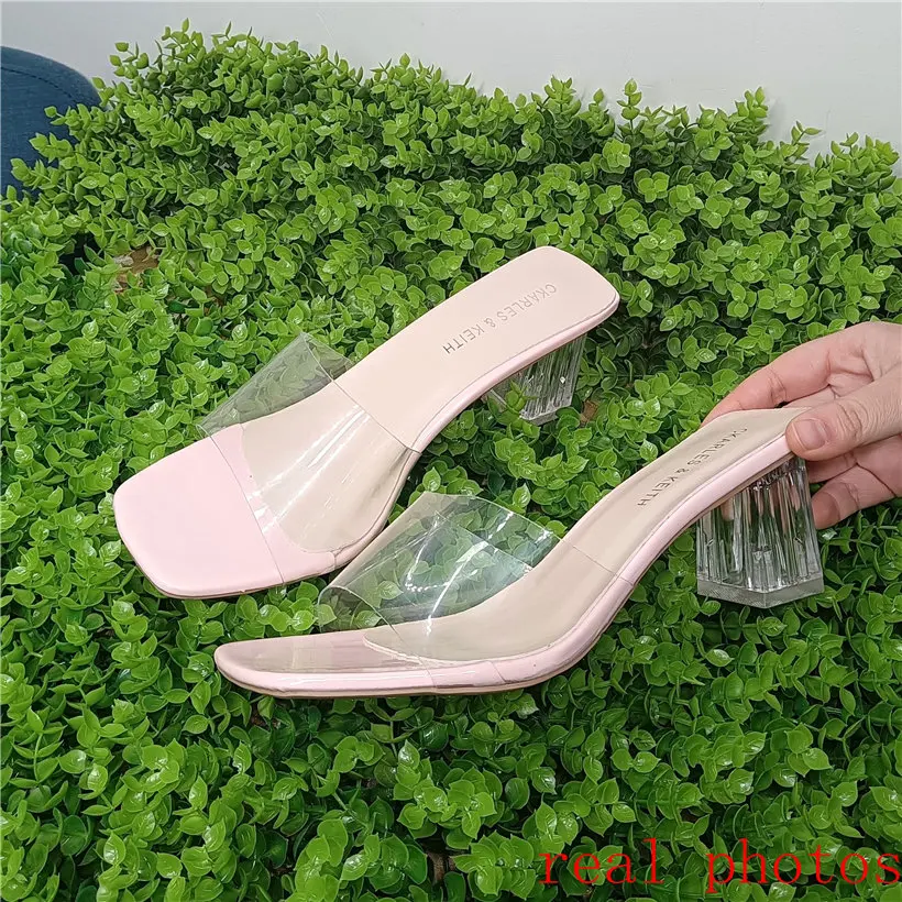 Шлепанцы женские на среднем каблуке прозрачные сандалии с кристаллами удобная