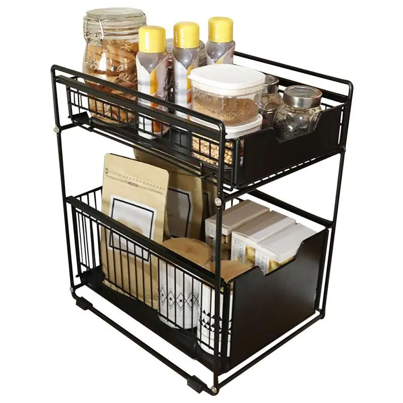 

Sliding Storage Basket Multi-Purpose 2 Tier Cabinet Organizer Stackable Under Sink Storage Organizers With Drawers For Easy