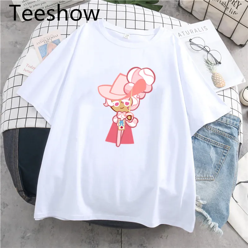 Фото Футболка Kawaii Cookie Run Женская с принтом, Повседневная мультяшная футболка, уличная одежда, топы с коротким рукавом и графическим рисунком, футболка, Милая женская одежда №4