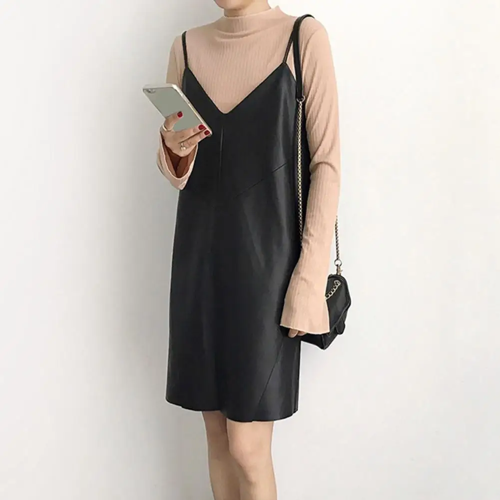

Outerwear Dress Solid Color Sling Dress Faux Leather Sling Outerwear Dress