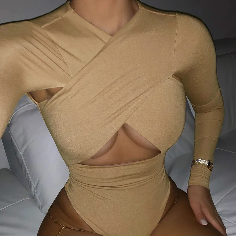 

Women Sexy Criss Cross Bust Long Sleeve Bodysuit Spring Autumn Hollow Rompers Black Club Party Bodycon Body Suit G2752