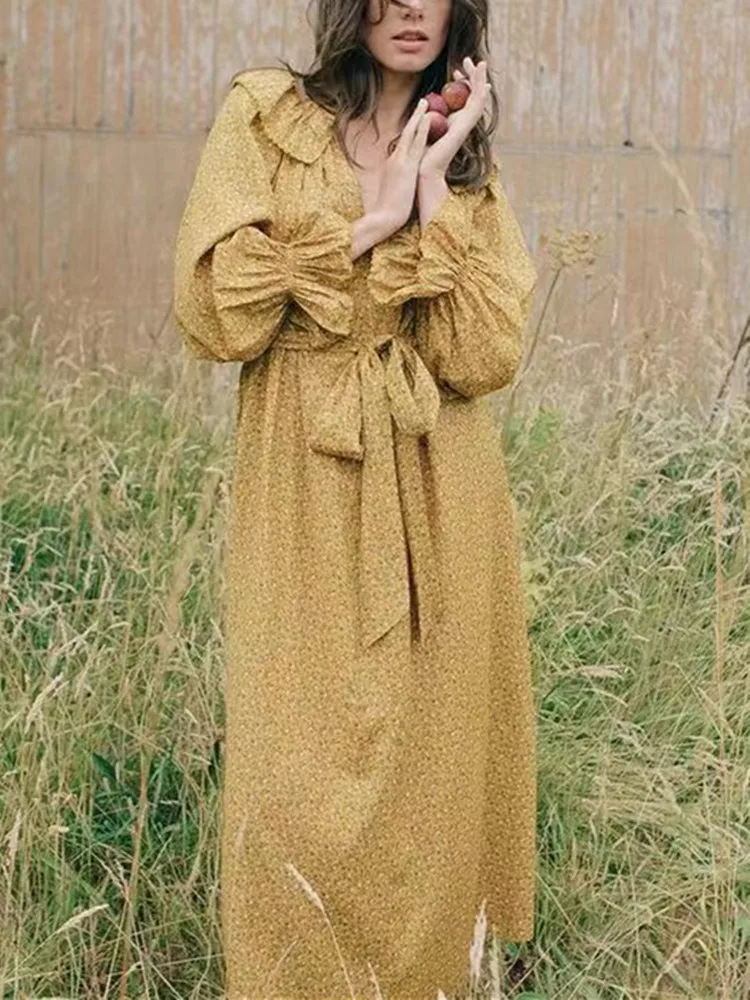 

Women Peter Pan Collar Floral Print Midi Dress 2023 Spring Long Puff Sleeve Holiday Pastoral Style Long Robes with Sashes