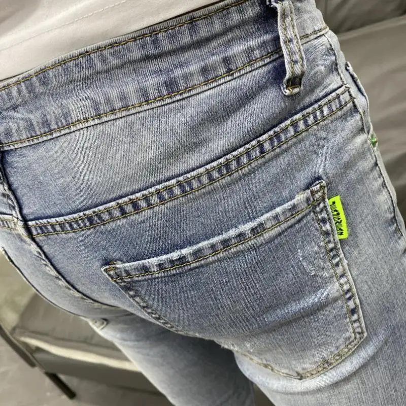 Новинка 2022 хипстерские Модные мужские облегающие светло-голубые джинсы-стрейч в