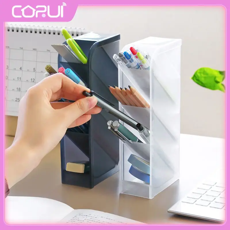

4 Grid Pen Holder Office Multi-function Desk Organizer Desktop Oblique Insertion School Supplies Frosted Makeup Brush Stand