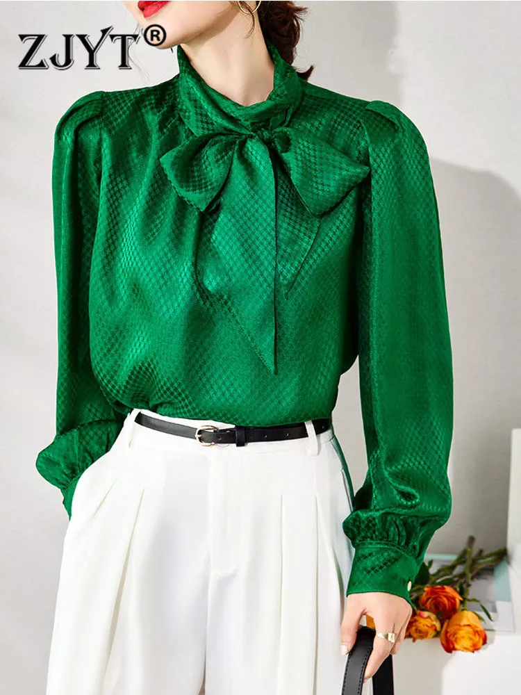 

Блузка женская однотонная из натурального шелка, с длинным рукавом и воротником-бантом