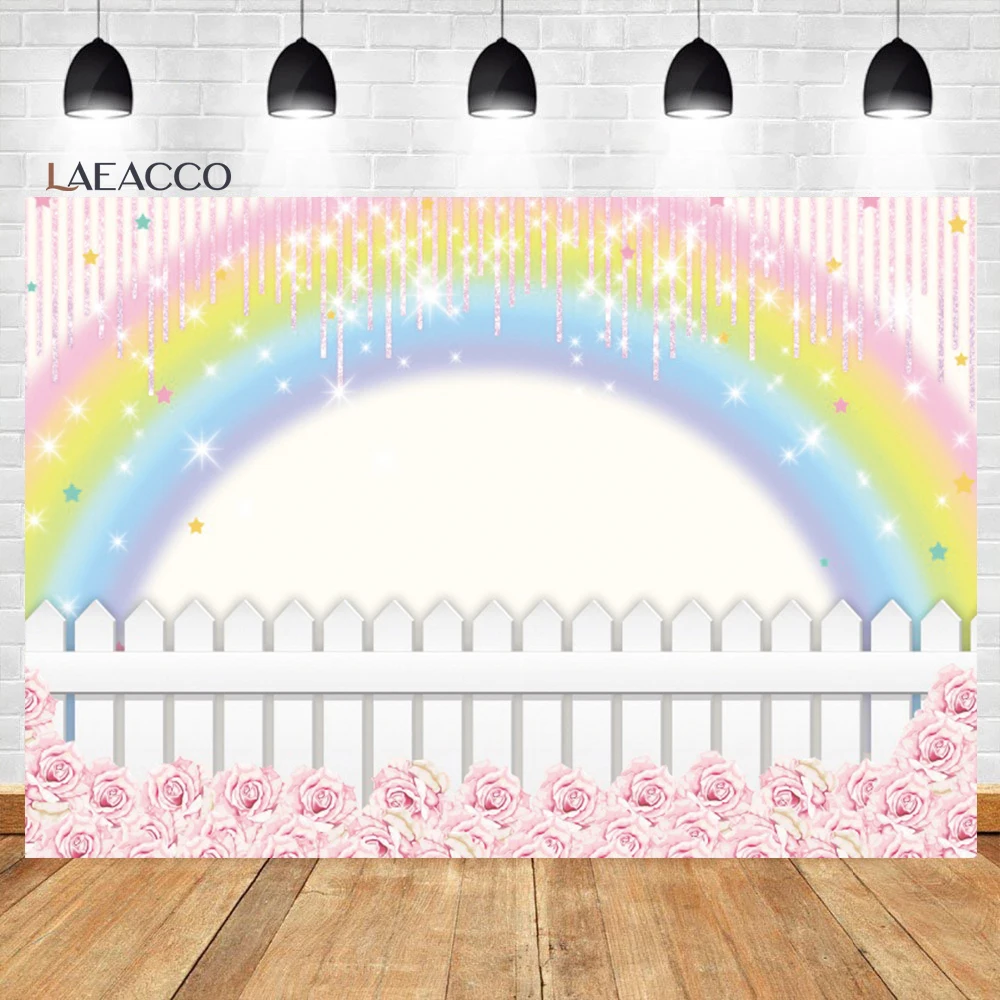 

Laeacco Dreamy Rainbow Baby Shower Photography Background Pink Flower Glitter Star Girls Birthday Portrait Customized Backdrop