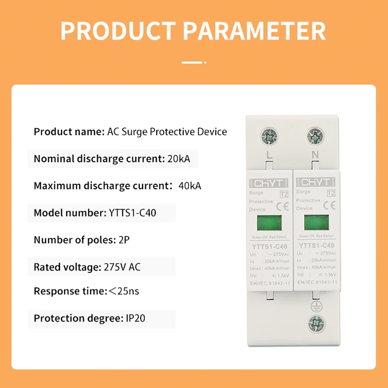 XIONGI SolarYTTS1-C40 SPD 2P 275 В переменного тока 40KA Защита от перенапряжения Молния