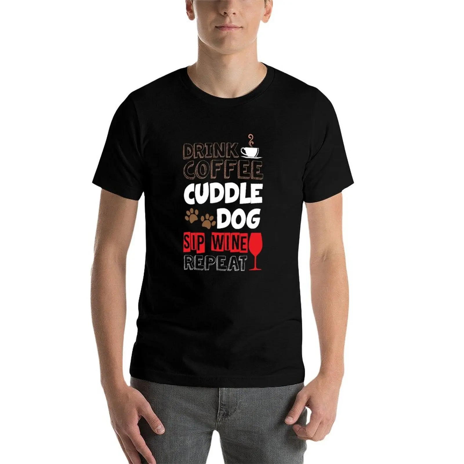 Фото Забавная футболка с надписью «Cute Drink Coffee Cuddle Dog Sip Wine Repeat Wino», мужская забавная футболка, хлопковая футболка №3