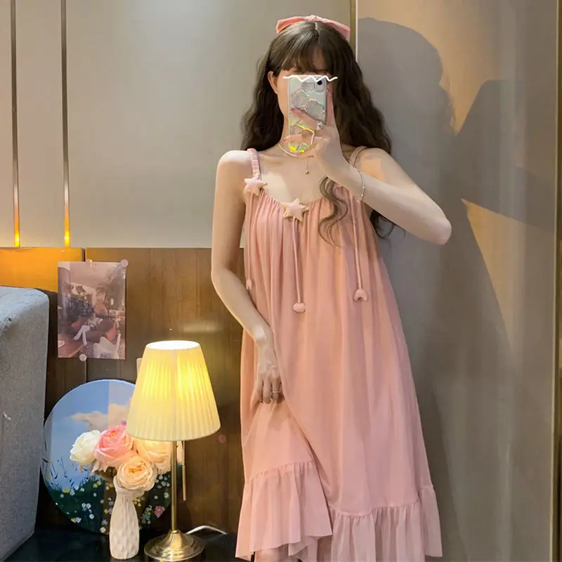Summer Fresh Sweet Spaghetti Strap Women's Sleep Skirt, New Mesh Fairy Pure Desire Wind Celebrity Pajama Home Suit