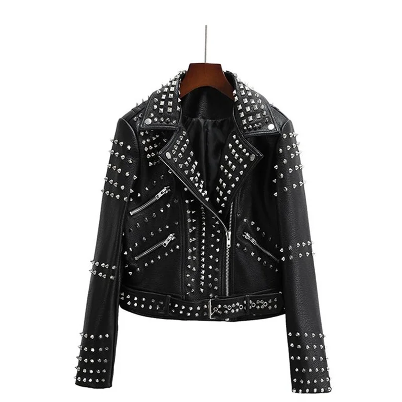 Rivets leather jacket women's motorcycle clothing short coats black spring fashion пальто женское весна European and American