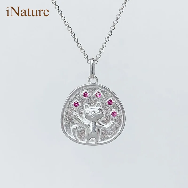 

INATURE Cute Juggling Cat Pendant Necklace 925 Sterling Silver Chain Necklaces For Women Girls Collar Jewelry