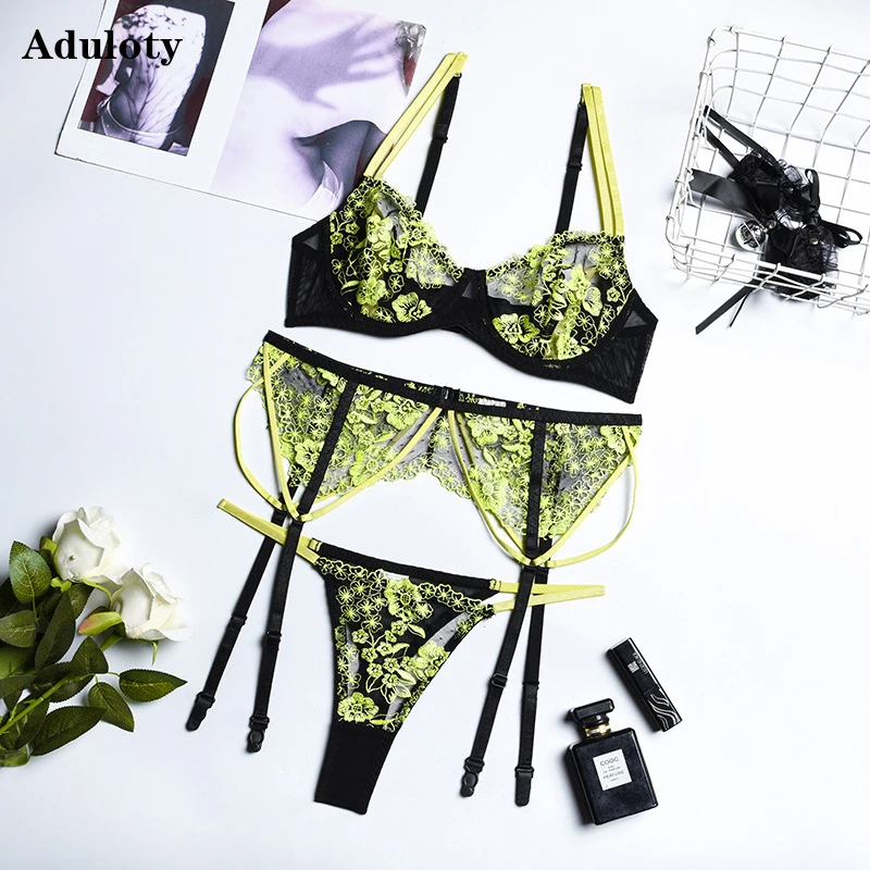 

Женское сексуальное нижнее белье с цветочной вышивкой, комплект из трех предметов
