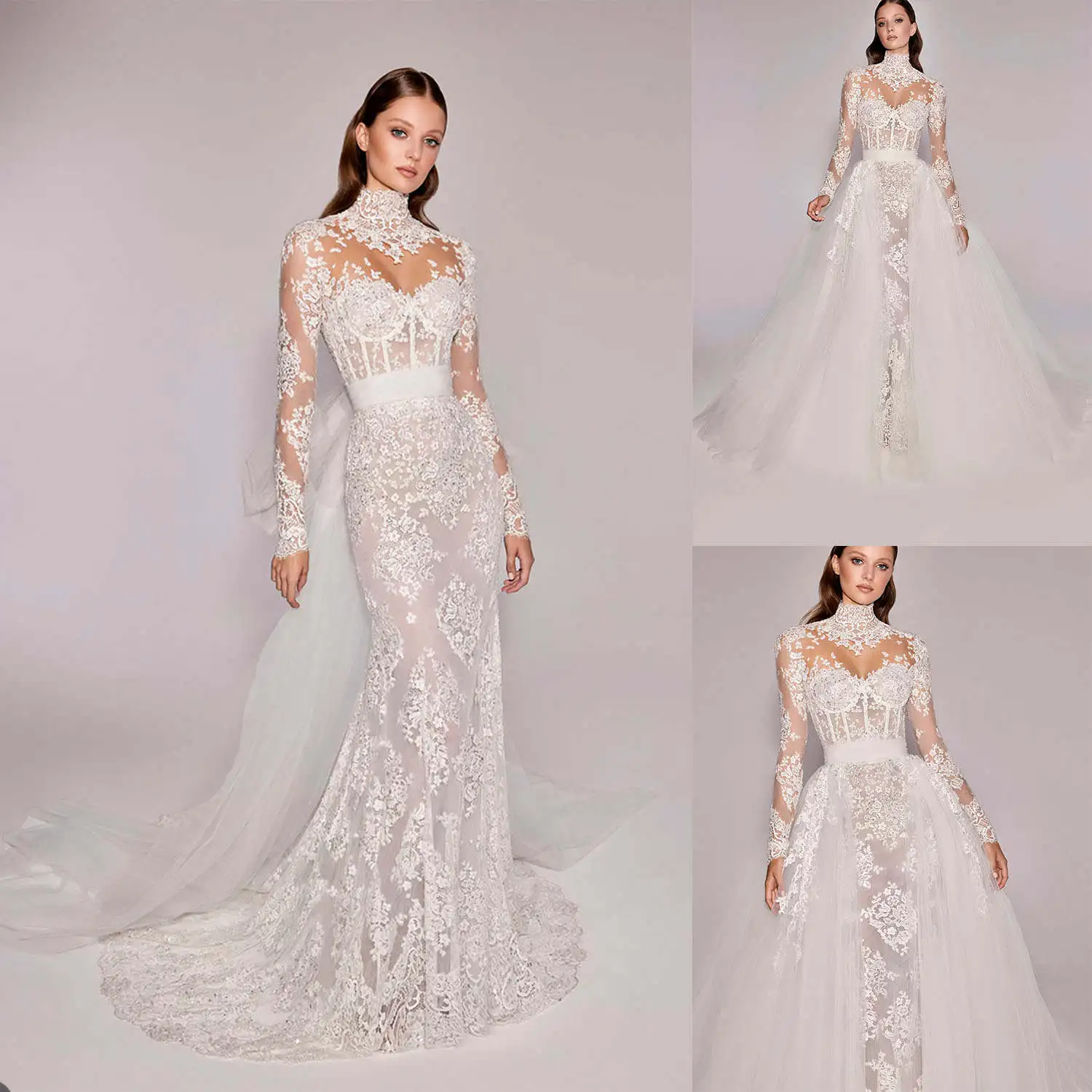 Изящное свадебное платье Русалка с высоким воротником и аппликацией длинным