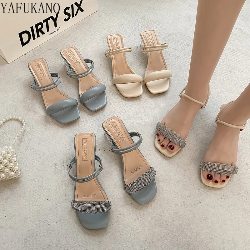 

Fashion Crystal Chunky Heel Women Slippers Outdoor Party Dress Sandals Summer Rhinestone Decorate Elegant Slides Mid Heel Pumps