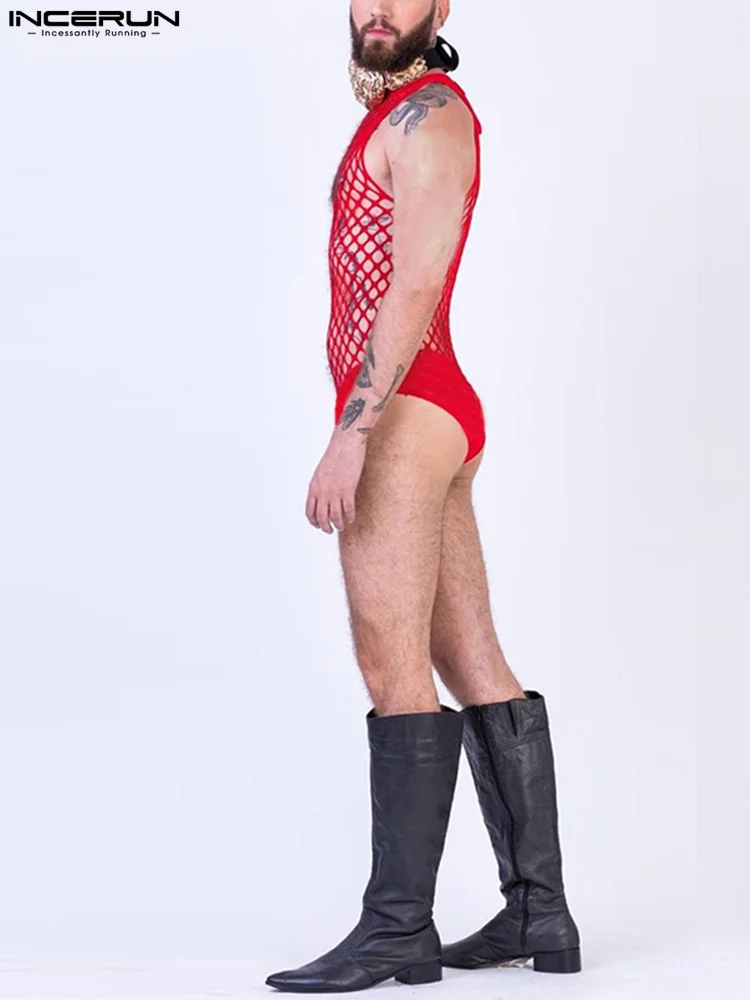 INCERUN Stylish Loungewear Sexy New Men Solid Mesh Rompers Casual Male Hollow Jumpsuits Thin Triangle Sleeveless Bodysuits S-5XL