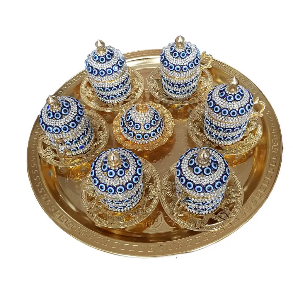 

Handmade authentic Design Turkish Greek Arabic Coffee Espresso Set for 6 Service Cups Saucers Lids Tray Delight Candy Dish GIFT