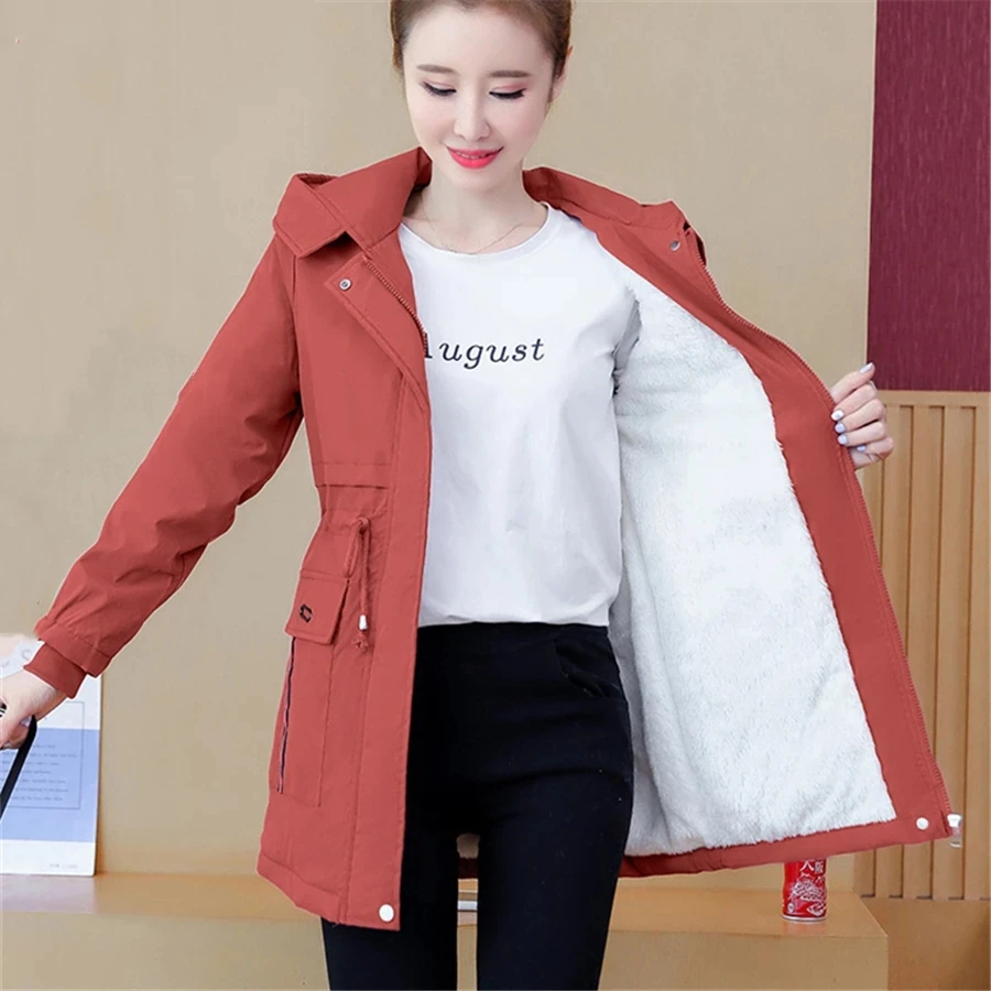 Oversize 4XL Mid-length Faux Fleece Lined Coat Women Cotton Padded Trench Thicken Warm Parkas Casual Jackets Print Plush Outwear