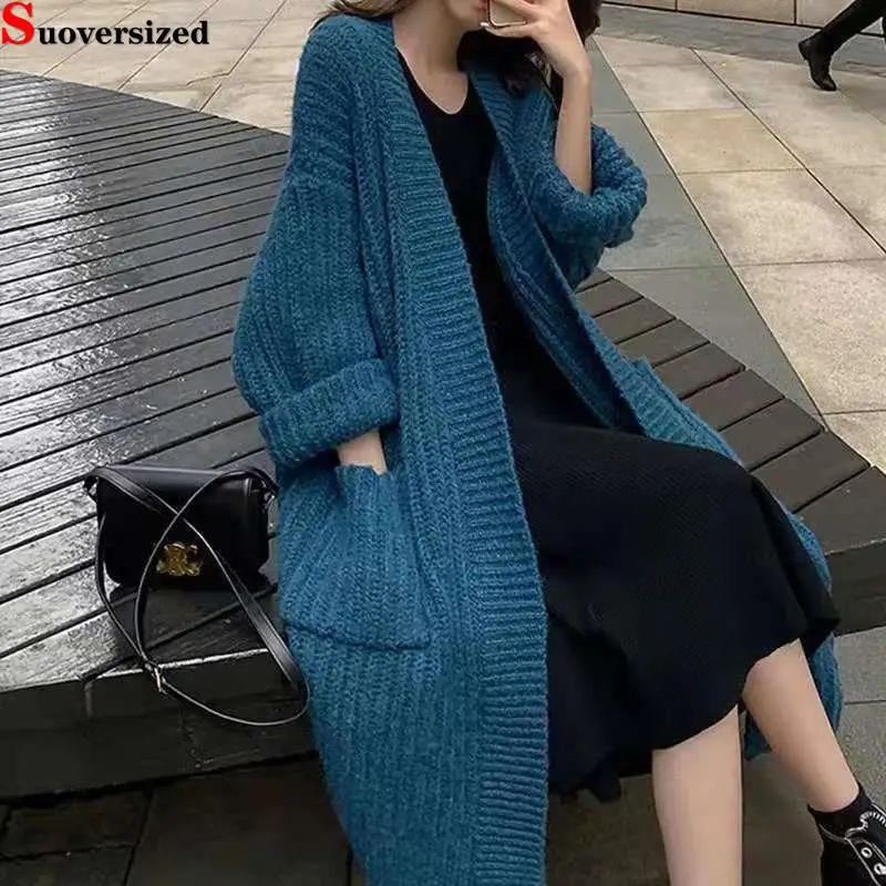 

Свитер корейский модный элегантный топ женский вязаный кардиган с длинным рукавом с Боковым Разрезом пальто с большими карманами однотонная Базовая верхняя одежда на осень и зиму