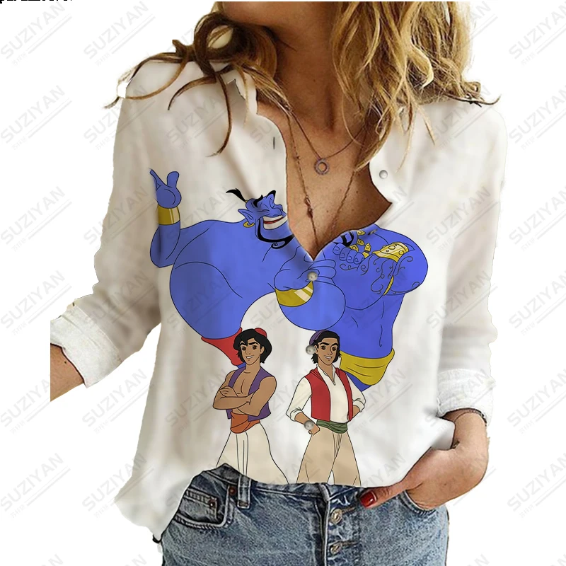 

Women's long sleeved shirt, lapel button style, 3D printed clothing, simple and casual, cute Disney Aladdin girls, large spring